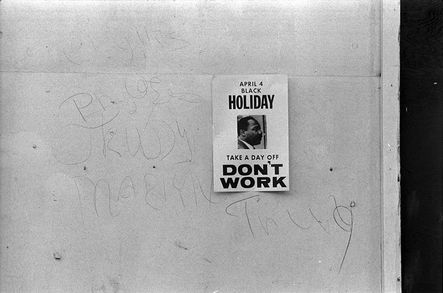 Sign from 1969 promoting a holiday to honor the anniversary of the assassination of Martin Luther King, Jr.
