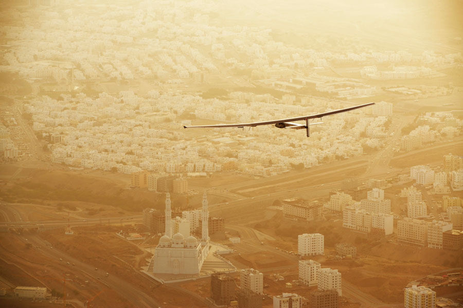 Muscat, Oman, March 10, 2015: Swiss explorers Bertrand Piccard and AndrÈ Borschberg launch their attempt at flying Round-The-World in a solar-powered airplane. Their experimental aircraft, Solar Impulse 2 took-off from Abu Dhabi (UAE) with AndrÈ Borschberg at the controls direction Muscat (Oman) where the plane made a pit stop of several hours in order to change pilot before continuing its route towards Ahmedabad (India) with Bertrand Piccard at the controls. The First Round-the-World Solar Flight will take 500 flight hours and cover 35í000 km, taking five months to complete. Swiss founders and pilots, hope to demonstrate how pioneering spirit, innovation and clean technologies can change the world. The duo will take turns flying Solar Impulse 2, changing at each stop and will fly over the Arabian Sea, to India, to Myanmar, to China, across the Pacific Ocean, to the United States, over the Atlantic Ocean to Southern Europe or Northern Africa before finishing the journey by returning to the initial departure point. Landings will be made every few days to switch pilots and organize public events for governments, schools and universities.