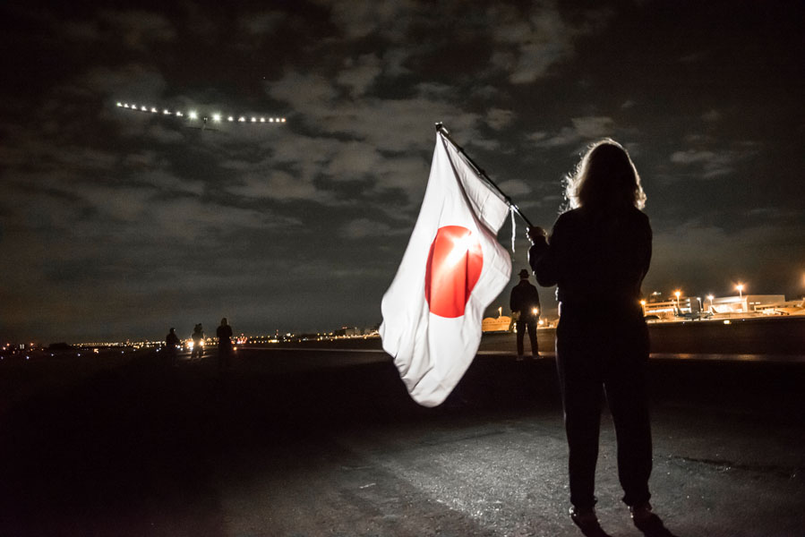 Nagoya, Japan, June 28, 2015: Solar Impusle 2 takes-off from Nagoya with AndrÈ Borschberg at the controls. The First Round-the-World Solar Flight will take 500 flight hours and cover 35í000 km, over five months. Swiss founders and pilots, Bertrand Piccard and AndrÈ Borschberg hope to demonstrate how pioneering spirit, innovation and clean technologies can change the world. The duo will take turns flying Solar Impulse 2, changing at each stop and will fly over the Arabian Sea, to India, to Myanmar, to China, across the Pacific Ocean, to the United States, over the Atlantic Ocean to Southern Europe or Northern Africa before finishing the journey by returning to the initial departure point. Landings will be made every few days to switch pilots and organize public events for governments, schools and universities.