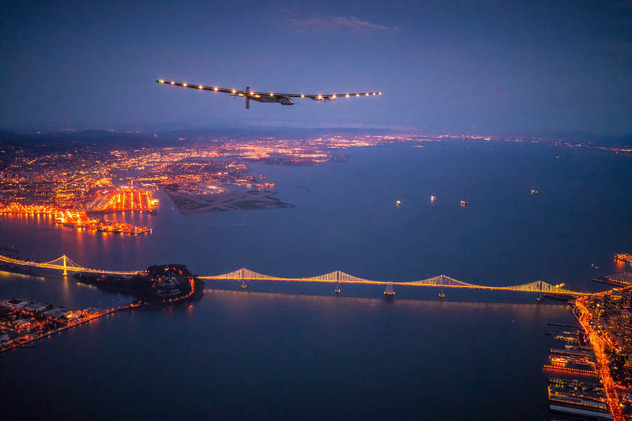 Mountain View, USA, April 23rd 2016: Solar Impulse landed at Moffett Airfield, completing the pacific crossing. Departed from Abu Dhabi on march 9th 2015, the Round-the-World Solar Flight will take 500 flight hours and cover 35í000 km. Swiss founders and pilots, Bertrand Piccard and AndrÈ Borschberg hope to demonstrate how pioneering spirit, innovation and clean technologies can change the world. The duo will take turns flying Solar Impulse 2, changing at each stop and will fly over the Arabian Sea, to India, to Myanmar, to China, across the Pacific Ocean, to the United States, over the Atlantic Ocean to Southern Europe or Northern Africa before finishing the journey by returning to the initial departure point. Landings will be made every few days to switch pilots and organize public events for governments, schools and universities.