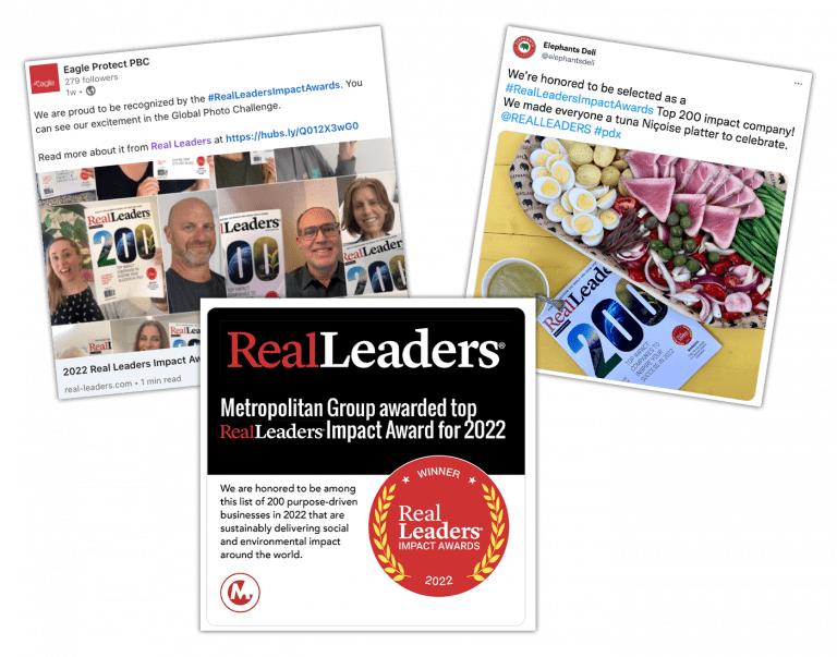 Participate in our community-wide social media blitz during the winner reveal this July (pictured: 2022 Real Leaders Impact Award winners)